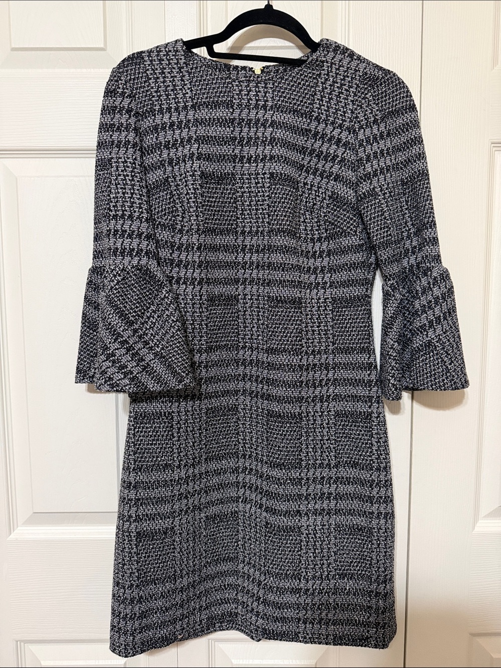 Calvin Klein Black and White Houndstooth Bell-Sleeve Dress